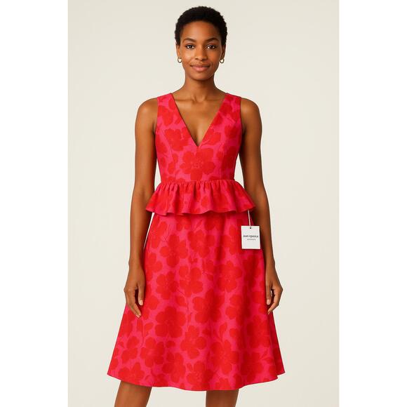 Kate Spade x Target Pink Red Floral Peplum Midi Dress Women’s Size 8 NWT - Picture 1 of 15
